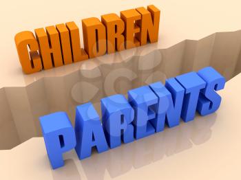 Two words CHILDREN and PARENTS split on sides, separation crack. Concept 3D illustration.