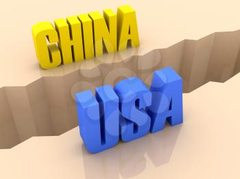 Two countries CHINA and USA split on sides, separation crack. Concept 3D illustration.