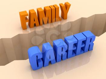 Two words FAMILY and CAREER split on sides, separation crack. Concept 3D illustration.