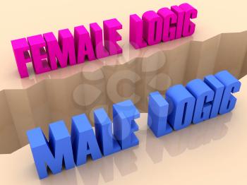 Two phrases FEMALE LOGIC and MALE LOGIC split on sides, separation crack. Concept 3D illustration.