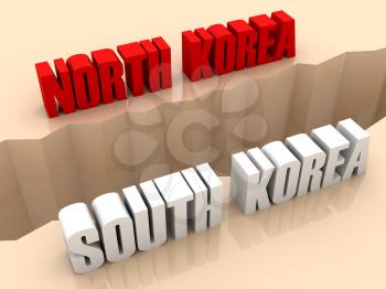 Two countries NORTH KOREA and SOUTH KOREA split on sides, separation crack. Concept 3D illustration.