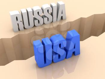 Two countries RUSSIA and USA split on sides, separation crack. Concept 3D illustration.