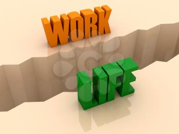 Two words WORK and LIFE split on sides, separation crack. Concept 3D illustration.