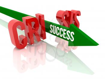Arrow with word Success breaks word Crisis. Concept 3D illustration.