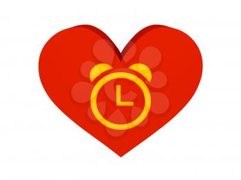 Big red heart with alarm clock symbol. Concept 3D illustration.
