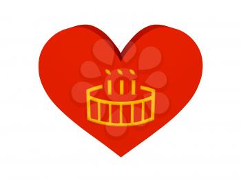 Big red heart with birthday cake symbol. Concept 3D illustration.