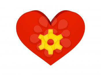 Big red heart with cogwheel symbol. Concept 3D illustration.