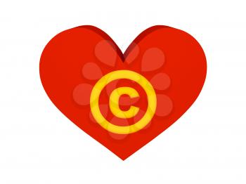 Big red heart with copyright symbol. Concept 3D illustration.