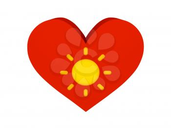 Big red heart with sun symbol. Concept 3D illustration.