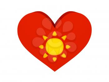 Big red heart with sun symbol. Concept 3D illustration.
