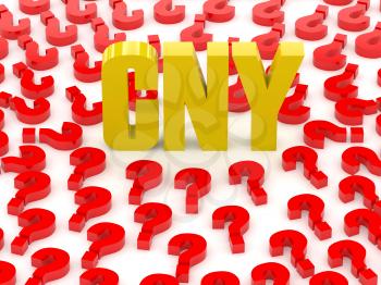 CNY sign surrounded by question marks. Concept 3D illustration.