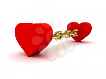 Two hearts linked by golden chain. Concept 3D illustration.