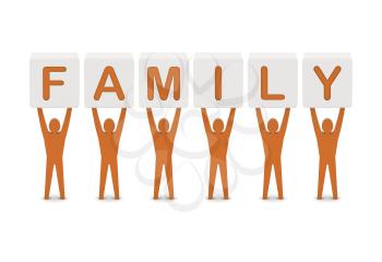 Men holding the word family. Concept 3D illustration.