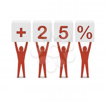 Men holding plus 25 percent. Concept 3D illustration.