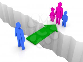 Bridge from man to woman with children. Family reunion. Concept 3D illustration.