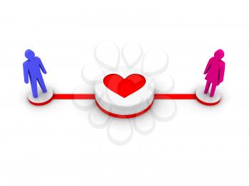 Man and woman connected by love. Concept 3D illustration.