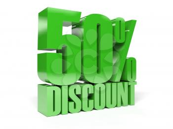 50 percent discount. Green shiny text. Concept 3D illustration.