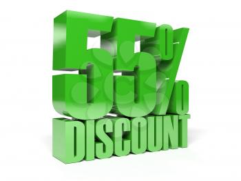55 percent discount. Green shiny text. Concept 3D illustration.