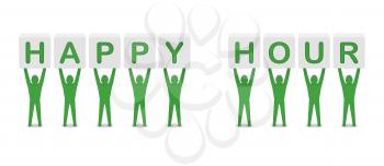 Men holding the phrase happy hour. Concept 3D illustration.