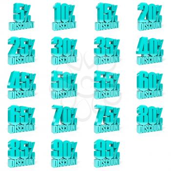Set of percent discount. Turquoise on white background. Concept 3D illustration.