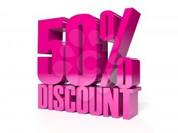 50 percent discount. Pink shiny text. Concept 3D illustration.