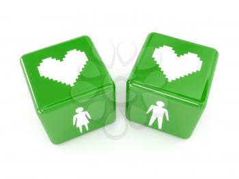 Two hearts, male and female figures on dices. Concept 3D illustration.