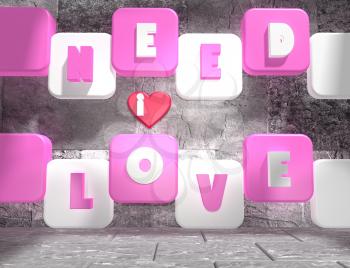 background relative to valentines day. Need love text on pink and white boxes in empty concrete room. 3D rendering
