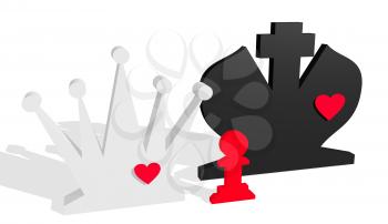 Chess figures. King and Queen with pawn child. Family metaphor. Love theme. 3D rendering.