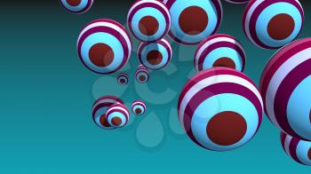 Large group of orbs or spheres levitation in empty space. 3D rendering. Geometry shapes painting by stripes