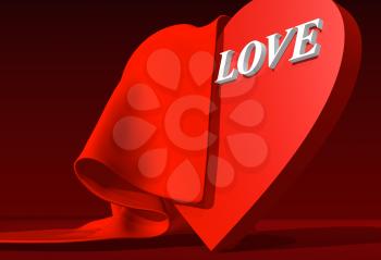 background relative to valentines day. love word and heart covered by red cloth. 3D rendering