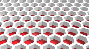 Perspective view on red and white honeycomb . 3D rendering backdrop