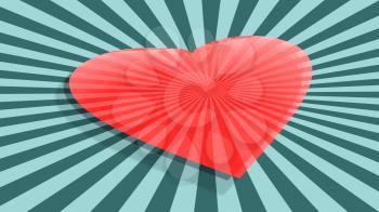 Red transparent heart shape on blue sunburst backdrop. Background relative to valentines day