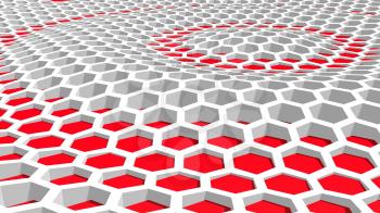 Perspective view on red and white honeycomb . 3D rendering backdrop