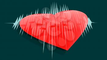 Red transparent heart shape on blue sound range curve backdrop. Background relative to valentines day