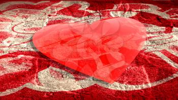 Red transparent heart shape on grunge textured backdrop with love word. Background relative to valentines day
