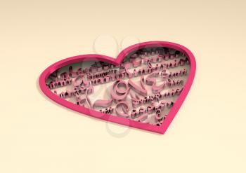Love and heart. Heart shaped keyhole filled by words relative St. Valentines day. Image for greeting. Cutout silhouette of the heart,