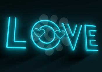 San Valentine card with neon shine LOVE word in 3D effect. Glowing letters. Outline text