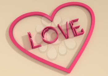 San Valentine card with LOVE word in 3D effect. Diagonal typing. Heart shape outline frame