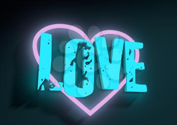 San Valentine card with neon shine LOVE word in 3D effect. Glowing letters. Pink neon heart icon