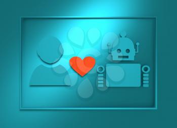 Human and robot relationships. Robotics industry relative image. Heart icon between robot and man. 3D rendering