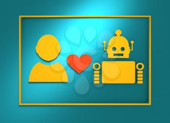 Human and robot relationships. Robotics industry relative image. Heart icon between robot and man. 3D rendering