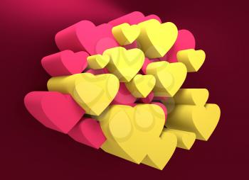 Heart shapes group on red backdrop. Background relative to valentines day. 3D rendering