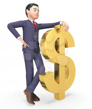 Businessman Character Showing American Dollars And Prosperity 3d Rendering