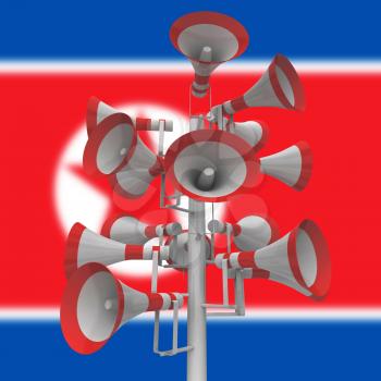 Propaganda Megaphones From North Korea Dictator 3d Illustration. Misinformation And False News Hoax Manipulation From Kim Jong Un