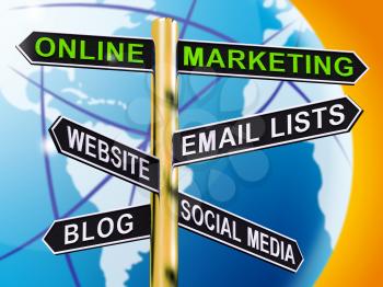Online Marketing Signpost Shows Blogs Websites Social Media 3d Illustration