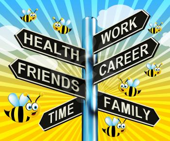 Health Work Career Friends Signpost Shows Life 3d Illustration