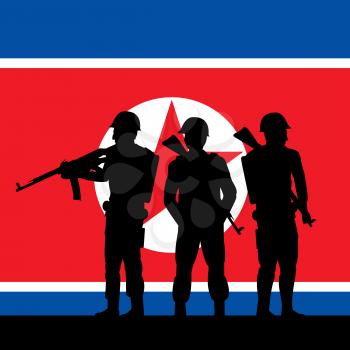 North Korean Soldiers And Flag 3d Illustration. DPRK Warfare Mission Or Battle Force Combat For Conflict By NK