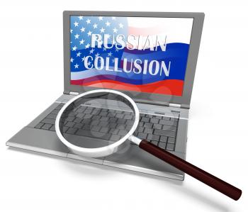 Russian Collusion During Election Campaign Magnifier Means Corrupt Politics In America 3d Illustration. Conspiracy In A Democracy Allows Blackmail Or Fraud