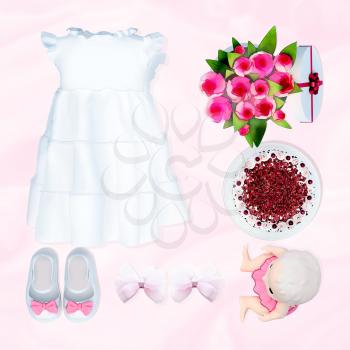 Baby dress and accessories on white background. Birthday.
