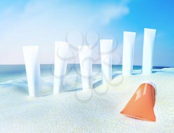 Beach scene with sunscreens against ocean background.